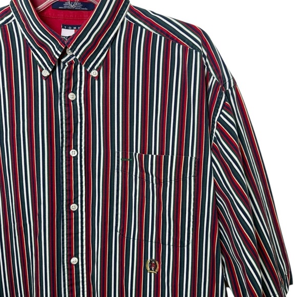 Vintage 90s Striped Button Down Shirt Sz XL Navy Red Green Preppy Tommy Hilfiger - Picture 1 of 7